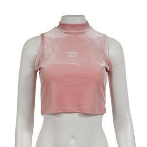 Livin Cool Womens Logo Tank Top Medium Pink White Velour Mock Neck Sleeveless